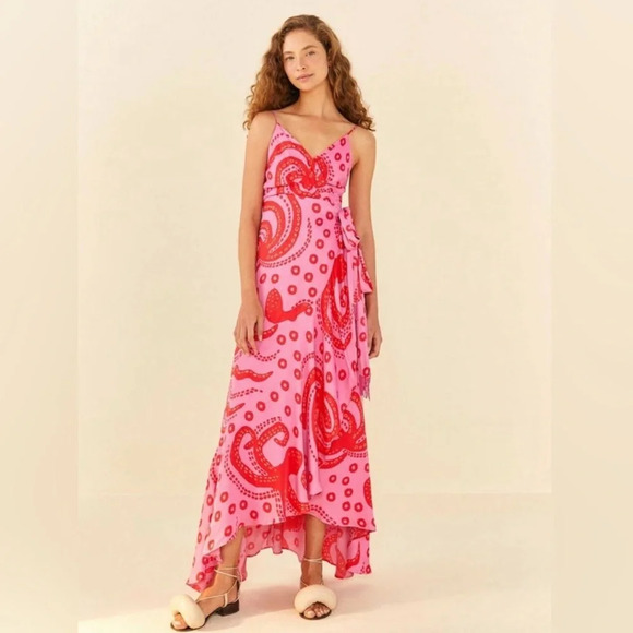 Farm Rio Octocool Wrap Dress V Neck Ruffled Detail Asymmetric Hem Pink Size M - Picture 7 of 8